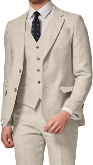3 Piece Summer Linen Suits for Men, Men's Slim Fit Suit Set Two Buttons Casual Solid Blazers Vest Pants Set for Wedding Party
