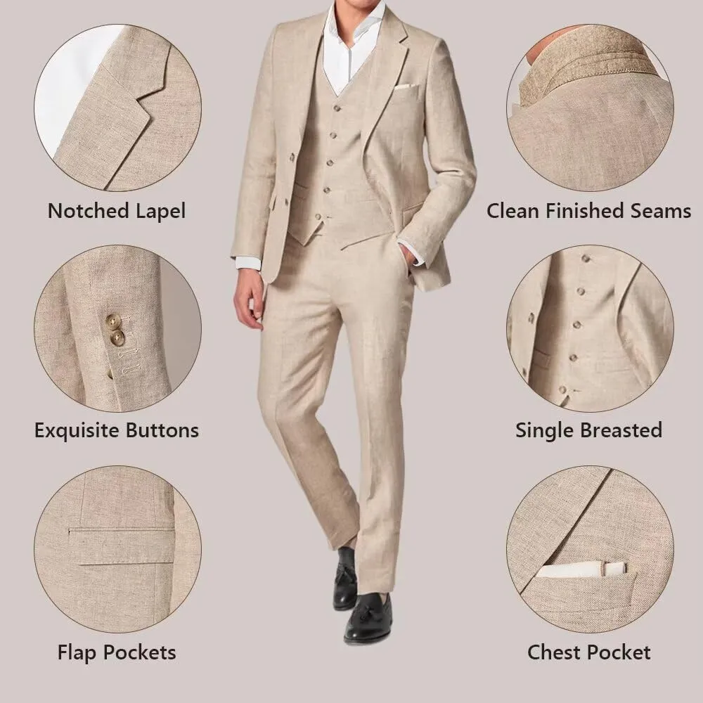 3 Piece Summer Linen Suits for Men, Men's Slim Fit Suit Set Two Buttons Casual Solid Blazers Vest Pants Set for Wedding Party