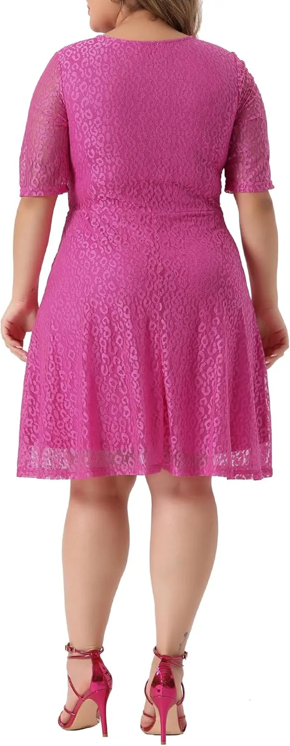 Agnes Orinda Plus Size Lace Dress for Women V Neck Swing A-Line Cocktail Party Wedding Guest 2024 Midi Dresses