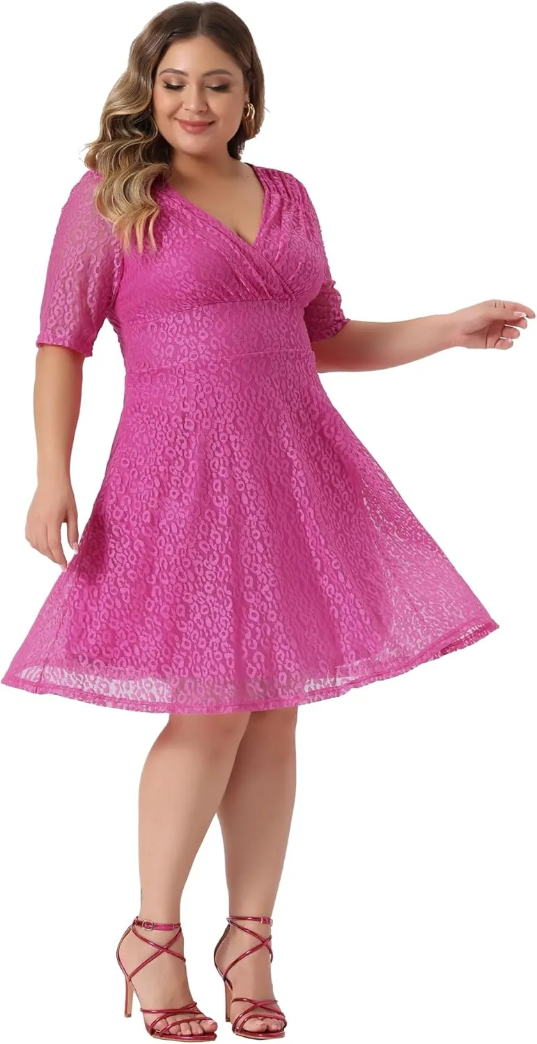 Agnes Orinda Plus Size Lace Dress for Women V Neck Swing A-Line Cocktail Party Wedding Guest 2024 Midi Dresses