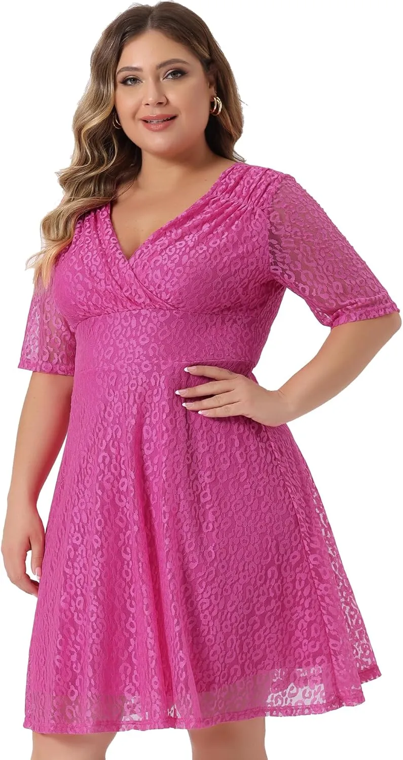 Agnes Orinda Plus Size Lace Dress for Women V Neck Swing A-Line Cocktail Party Wedding Guest 2024 Midi Dresses
