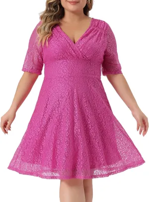Agnes Orinda Plus Size Lace Dress for Women V Neck Swing A-Line Cocktail Party Wedding Guest 2024 Midi Dresses