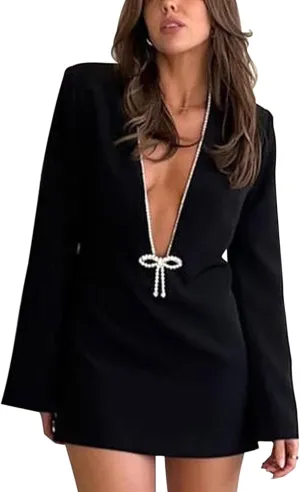 AIBEARTY Women's Sexy Deep V Neck Long Sleeve Mini Dress Glitter Rhinetone Trim Formal Elegant Party Cocktail Dresses