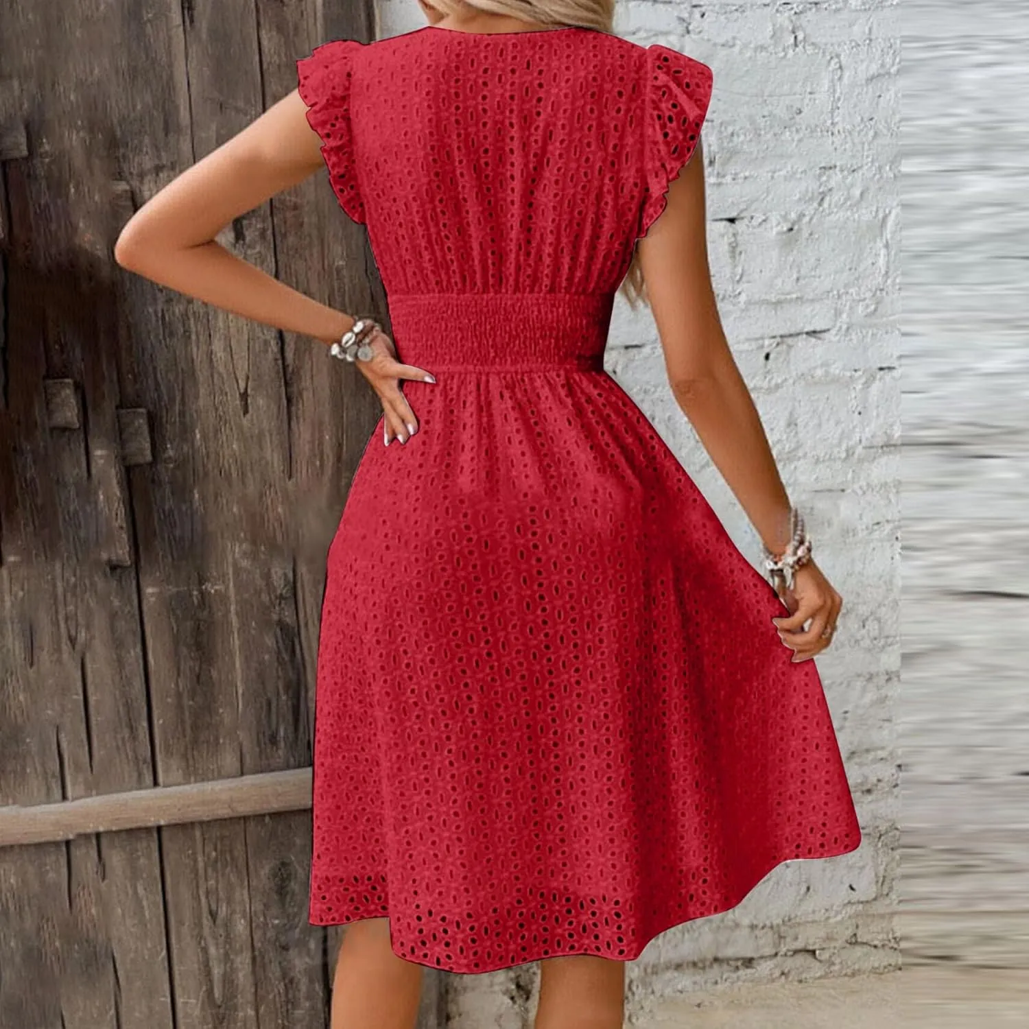 Akklian Women Summer Dresses 2024 Ruffle Cap Sleeve Elegant Eyelet V Neck Mini Dress Casual Loose Empire Waist Boho Sundress