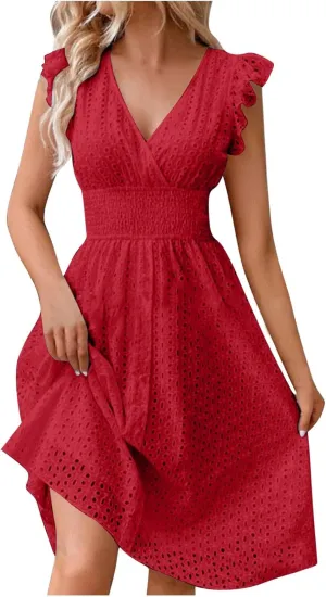 Akklian Women Summer Dresses 2024 Ruffle Cap Sleeve Elegant Eyelet V Neck Mini Dress Casual Loose Empire Waist Boho Sundress