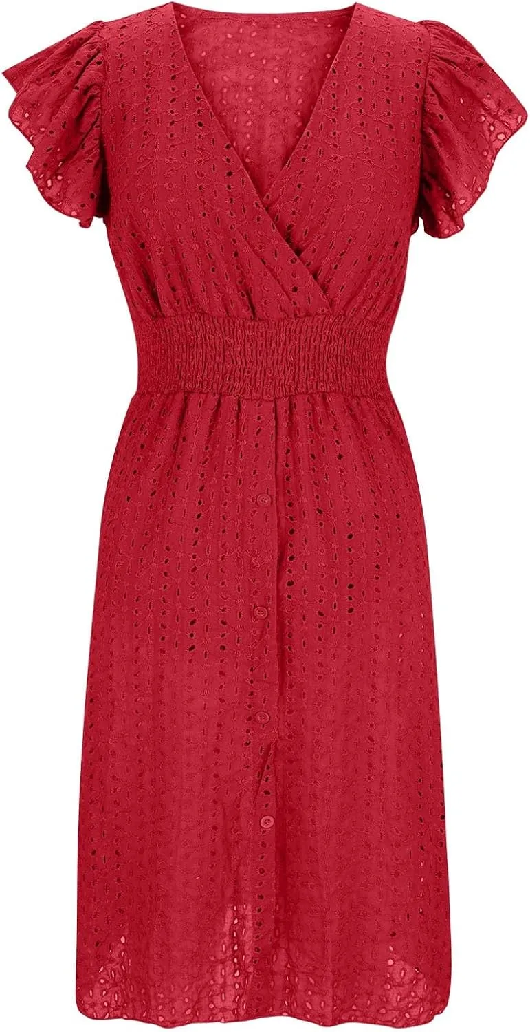 Akklian Women Summer Dresses 2024 Ruffle Cap Sleeve Elegant Eyelet V Neck Mini Dress Casual Loose Empire Waist Boho Sundress