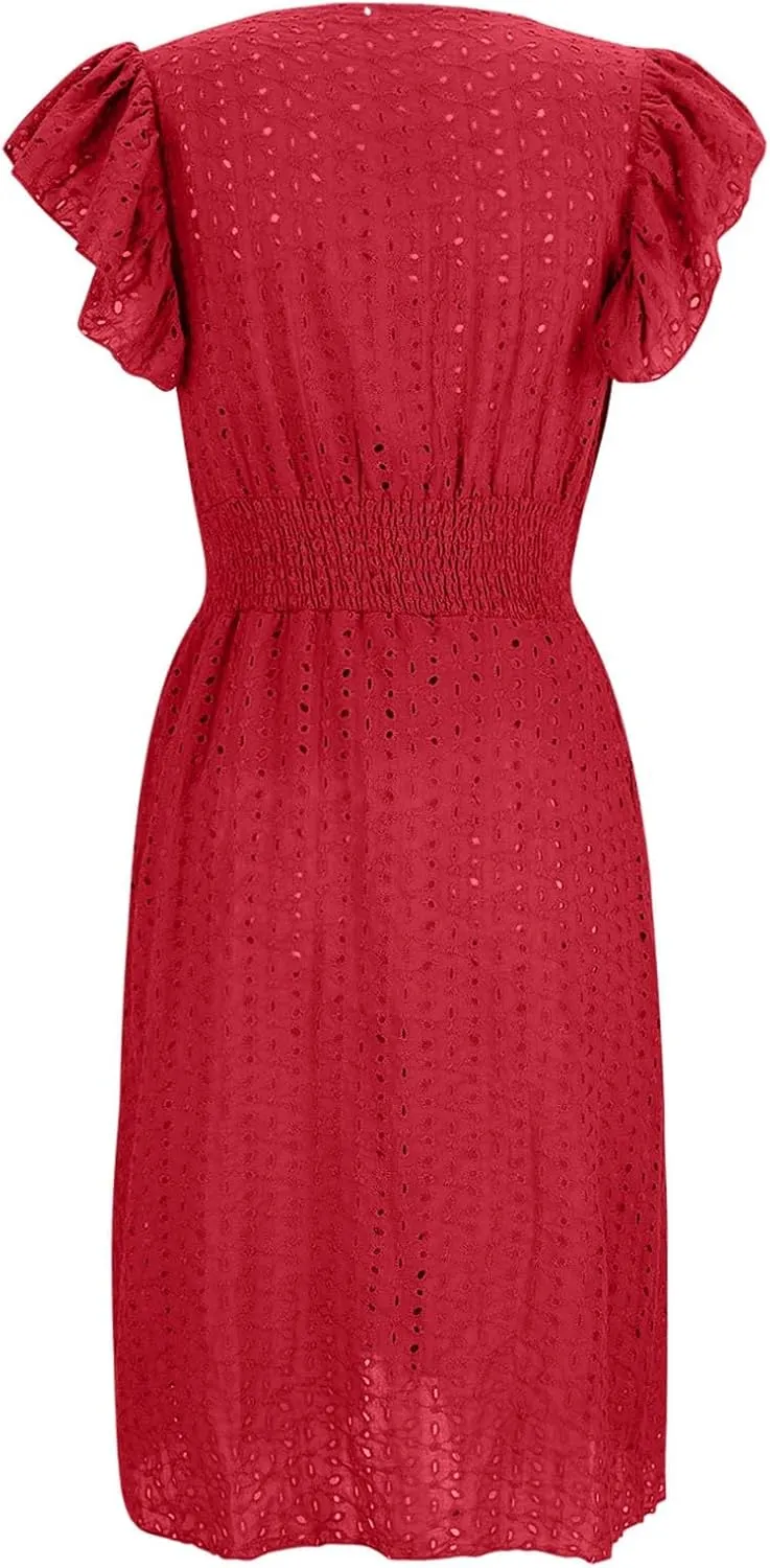 Akklian Women Summer Dresses 2024 Ruffle Cap Sleeve Elegant Eyelet V Neck Mini Dress Casual Loose Empire Waist Boho Sundress