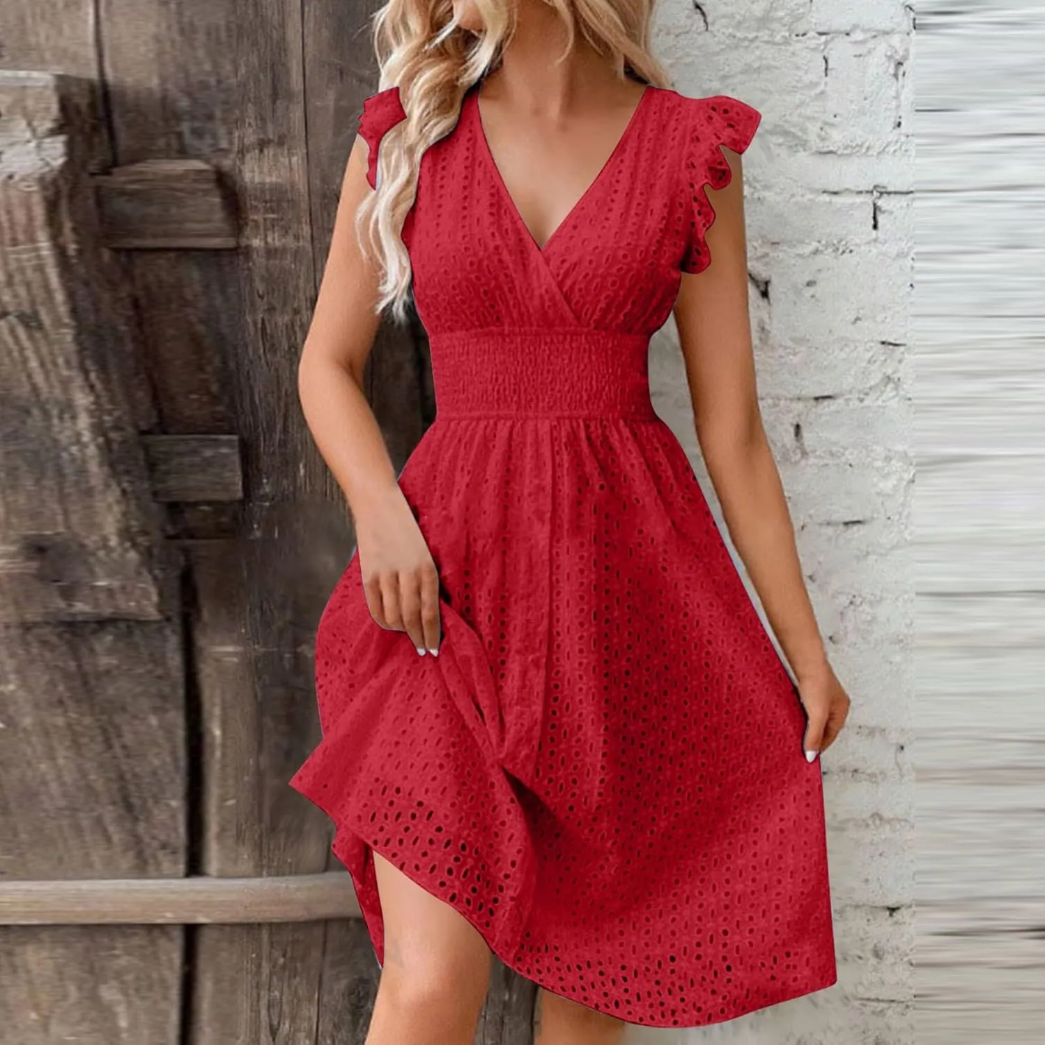 Akklian Women Summer Dresses 2024 Ruffle Cap Sleeve Elegant Eyelet V Neck Mini Dress Casual Loose Empire Waist Boho Sundress