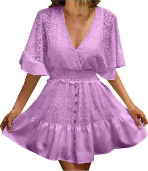 Akklian Women's Floral Lace Mini Dress White Bridesmaid Wedding Party Dresses V Neck Empire Waist Ruffle Hem Summer Dress