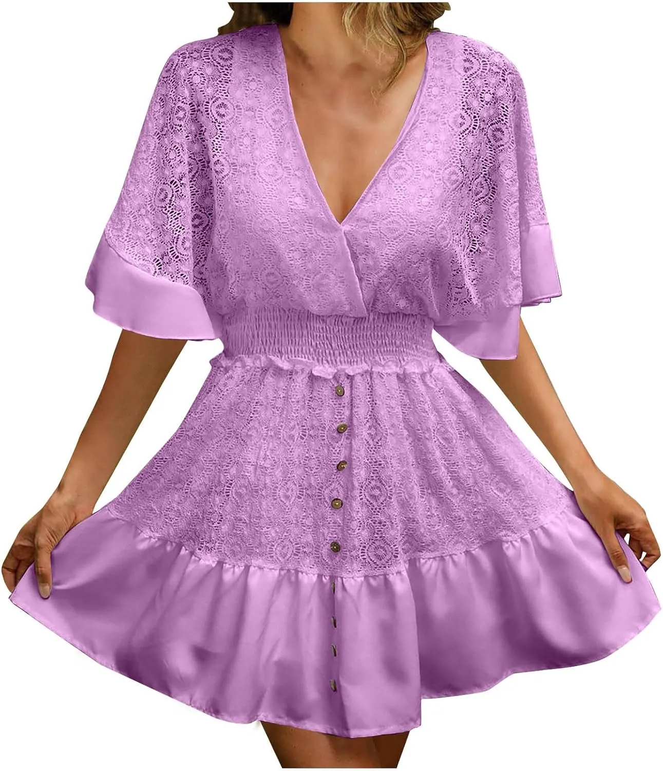 Akklian Women's Floral Lace Mini Dress White Bridesmaid Wedding Party Dresses V Neck Empire Waist Ruffle Hem Summer Dress
