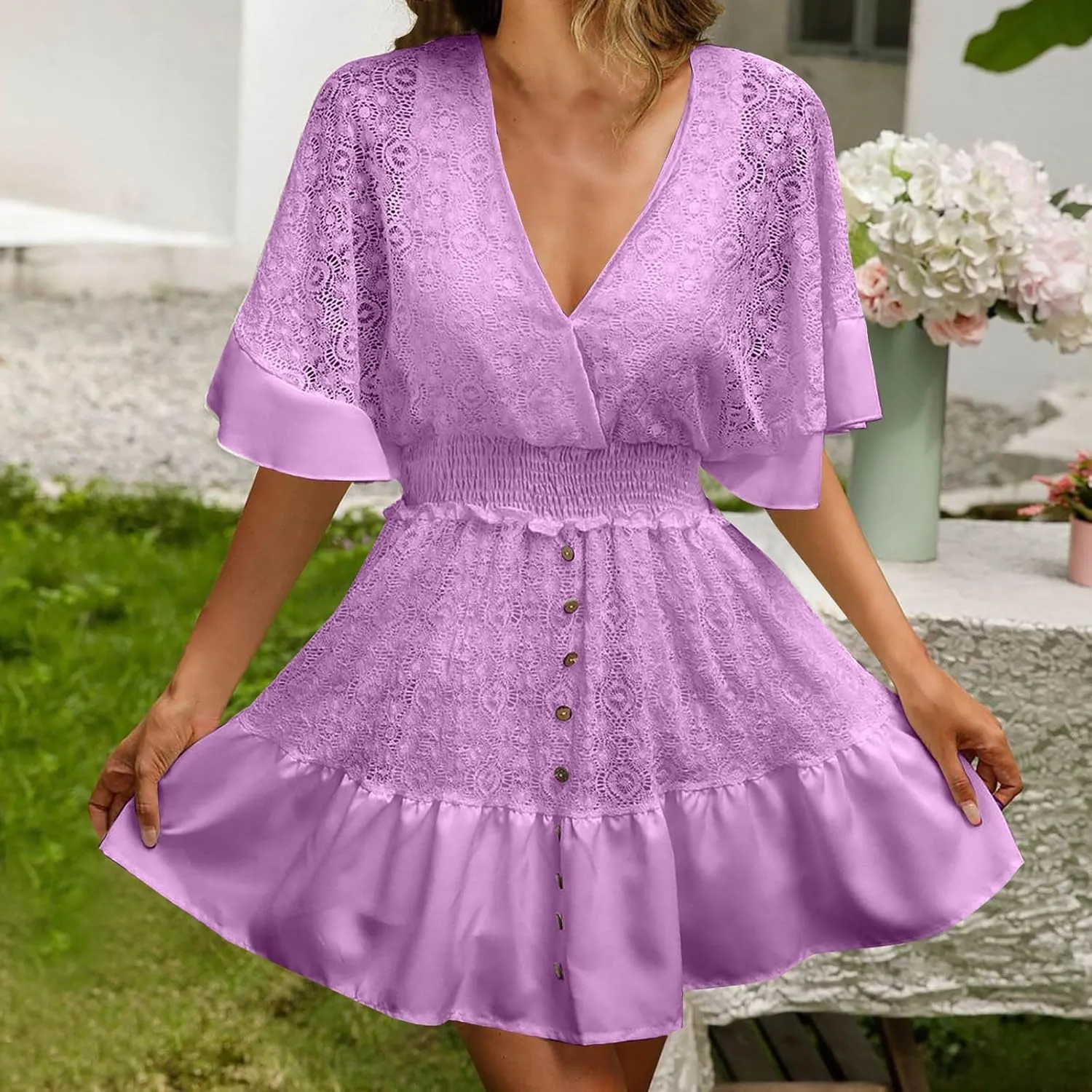 Akklian Women's Floral Lace Mini Dress White Bridesmaid Wedding Party Dresses V Neck Empire Waist Ruffle Hem Summer Dress