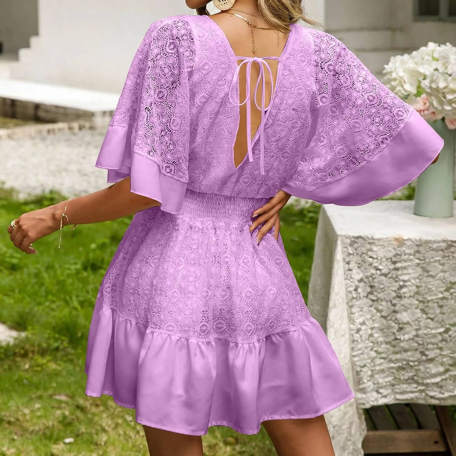 Akklian Women's Floral Lace Mini Dress White Bridesmaid Wedding Party Dresses V Neck Empire Waist Ruffle Hem Summer Dress