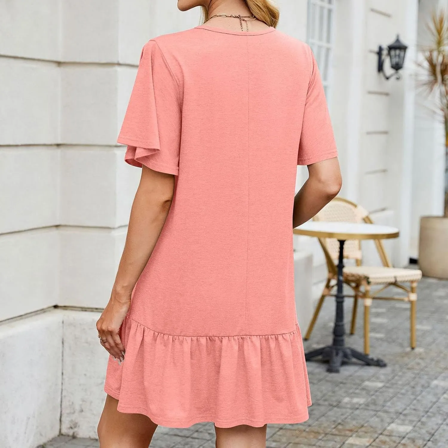 Akklian Women's Short Sleeve Flowy Swing T Shirt Dress 2025 Basic Plain Babydoll Cute Casual Pockets Ruffle Hem Mini Dresses
