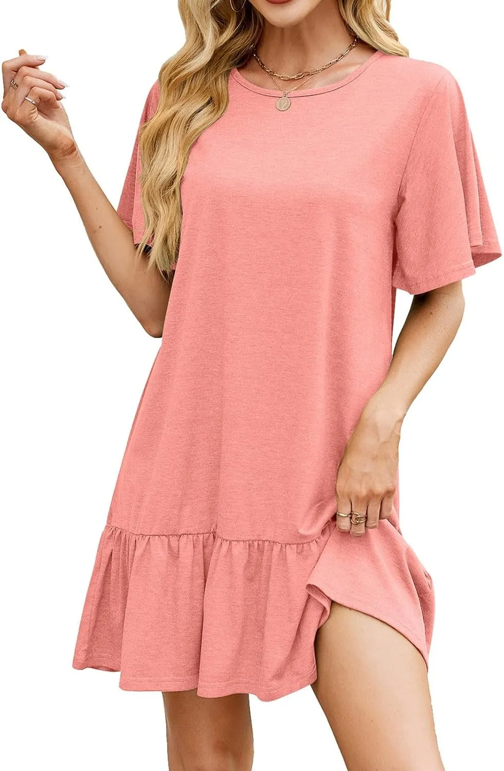 Akklian Women's Short Sleeve Flowy Swing T Shirt Dress 2025 Basic Plain Babydoll Cute Casual Pockets Ruffle Hem Mini Dresses