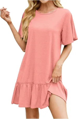 Akklian Women's Short Sleeve Flowy Swing T Shirt Dress 2025 Basic Plain Babydoll Cute Casual Pockets Ruffle Hem Mini Dresses