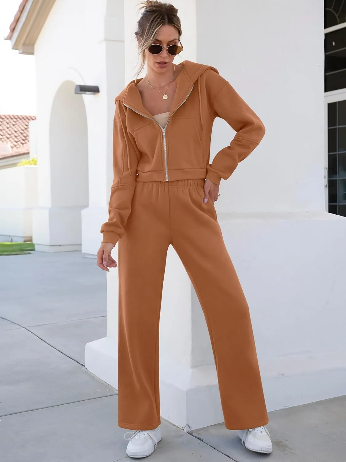 ANRABESS Women 2 Piece Outfits Sweatsuit Zip Up Crop Hoodies SweatPants Lounge Matching Sweat Set 2024 Winter Trendy Clothes