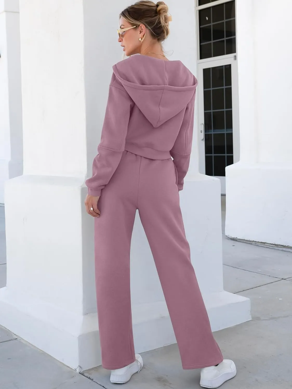 ANRABESS Women 2 Piece Outfits Sweatsuit Zip Up Crop Hoodies SweatPants Lounge Matching Sweat Set 2024 Winter Trendy Clothes