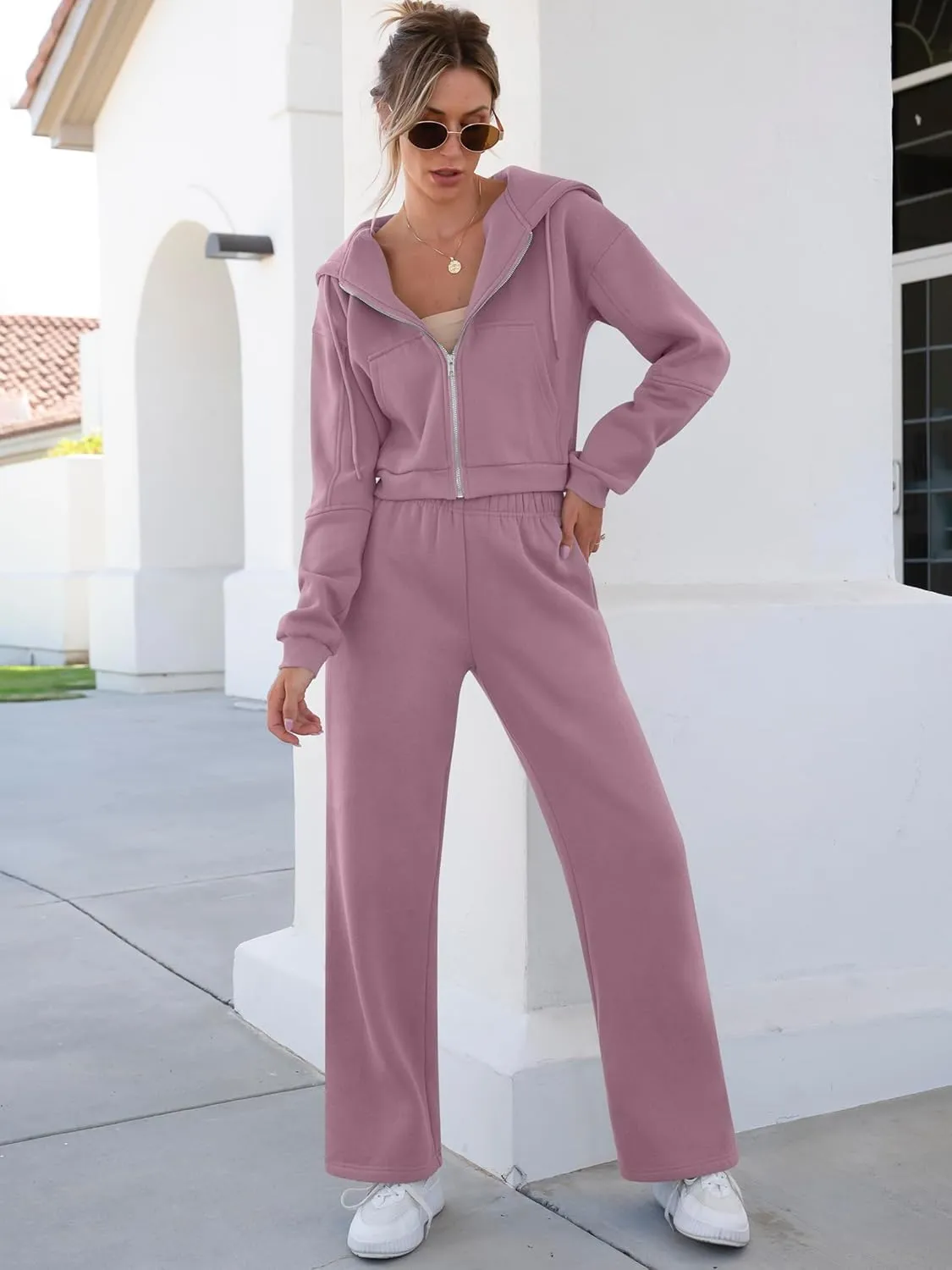ANRABESS Women 2 Piece Outfits Sweatsuit Zip Up Crop Hoodies SweatPants Lounge Matching Sweat Set 2024 Winter Trendy Clothes