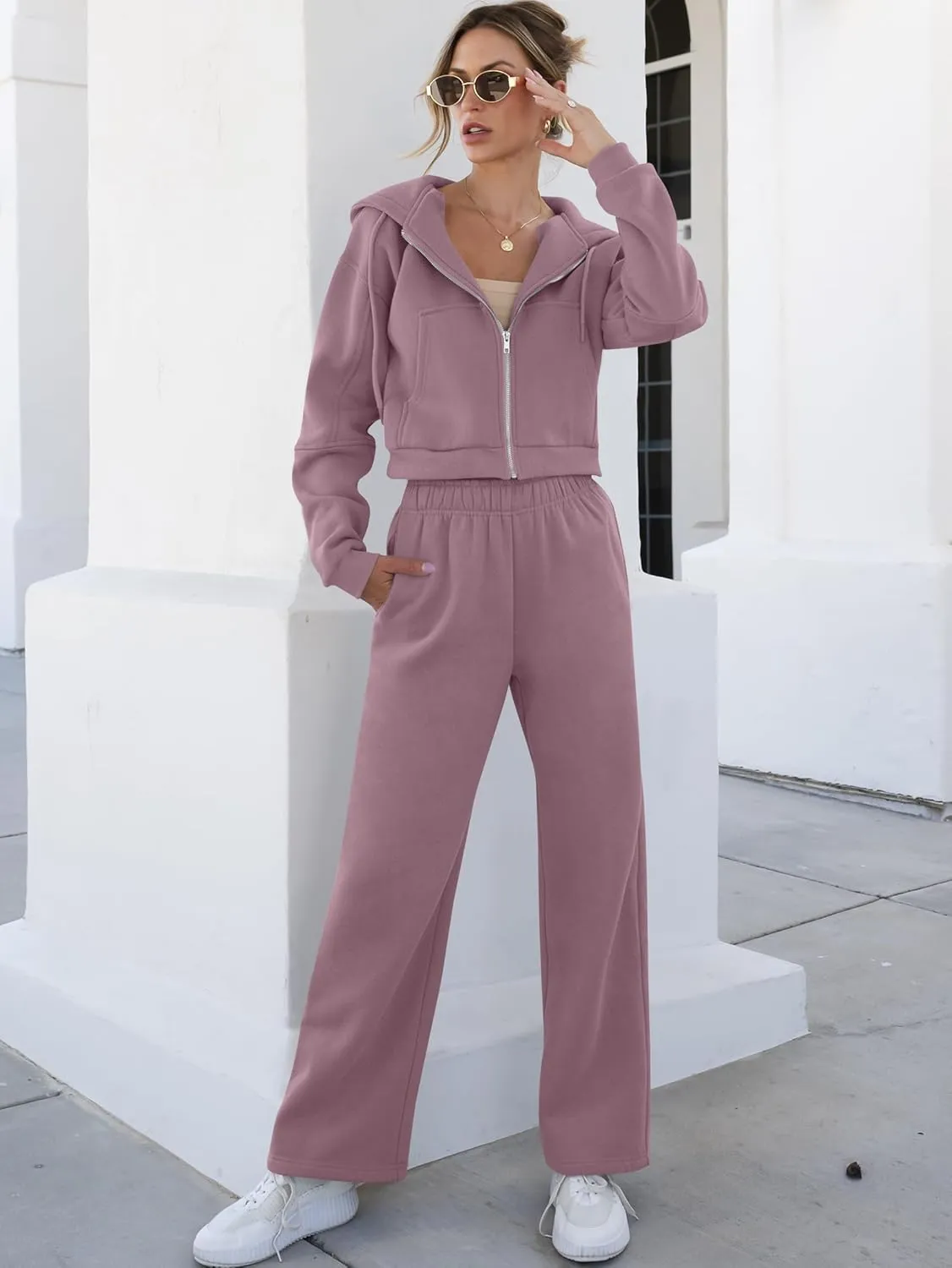 ANRABESS Women 2 Piece Outfits Sweatsuit Zip Up Crop Hoodies SweatPants Lounge Matching Sweat Set 2024 Winter Trendy Clothes