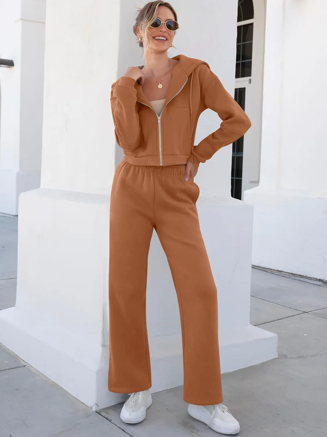 ANRABESS Women 2 Piece Outfits Sweatsuit Zip Up Crop Hoodies SweatPants Lounge Matching Sweat Set 2024 Winter Trendy Clothes