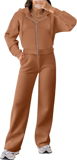 ANRABESS Women 2 Piece Outfits Sweatsuit Zip Up Crop Hoodies SweatPants Lounge Matching Sweat Set 2024 Winter Trendy Clothes