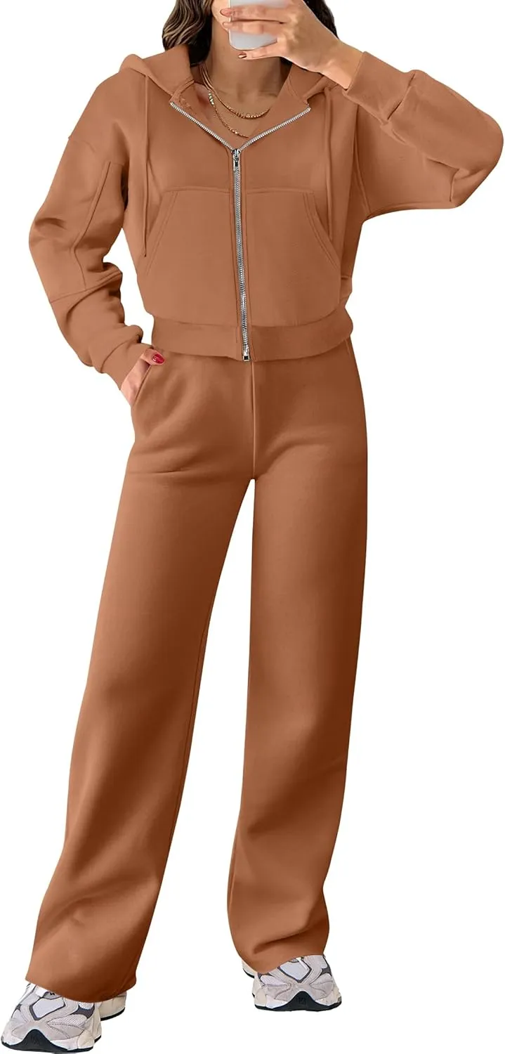 ANRABESS Women 2 Piece Outfits Sweatsuit Zip Up Crop Hoodies SweatPants Lounge Matching Sweat Set 2024 Winter Trendy Clothes