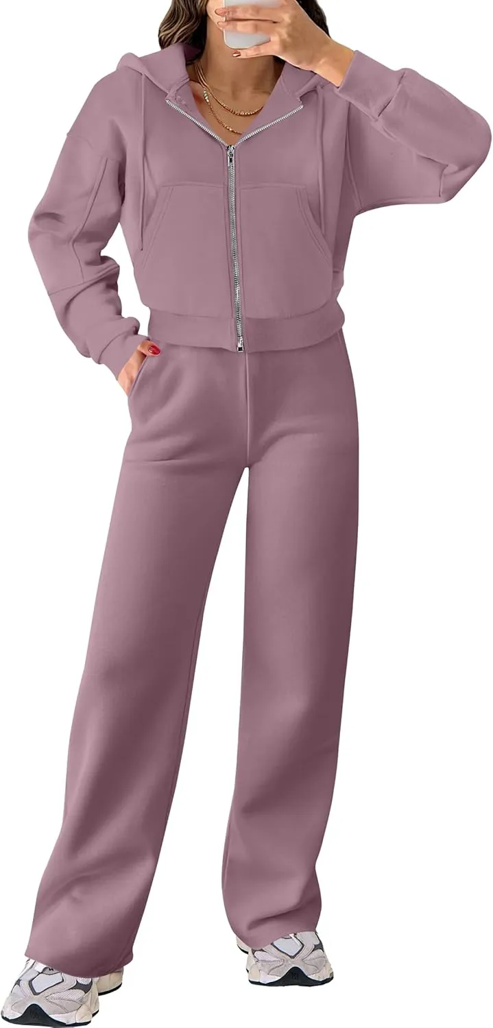 ANRABESS Women 2 Piece Outfits Sweatsuit Zip Up Crop Hoodies SweatPants Lounge Matching Sweat Set 2024 Winter Trendy Clothes