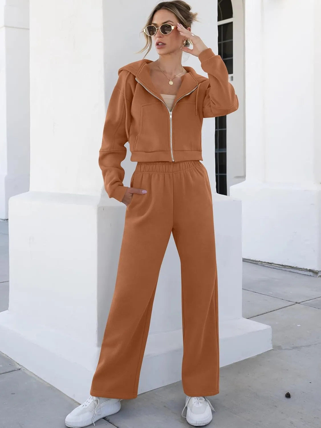 ANRABESS Women 2 Piece Outfits Sweatsuit Zip Up Crop Hoodies SweatPants Lounge Matching Sweat Set 2024 Winter Trendy Clothes