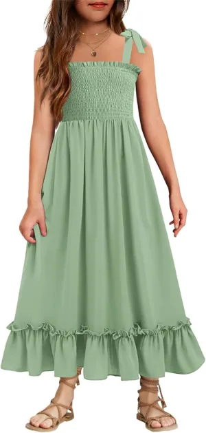 Arshiner Girls Summer Dress Boho Beach Casual Smocked Maxi Dresses 6-13 Years