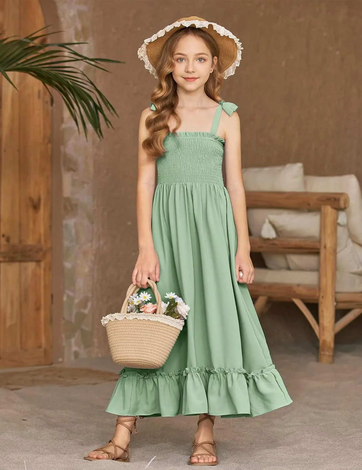 Arshiner Girls Summer Dress Boho Beach Casual Smocked Maxi Dresses 6-13 Years