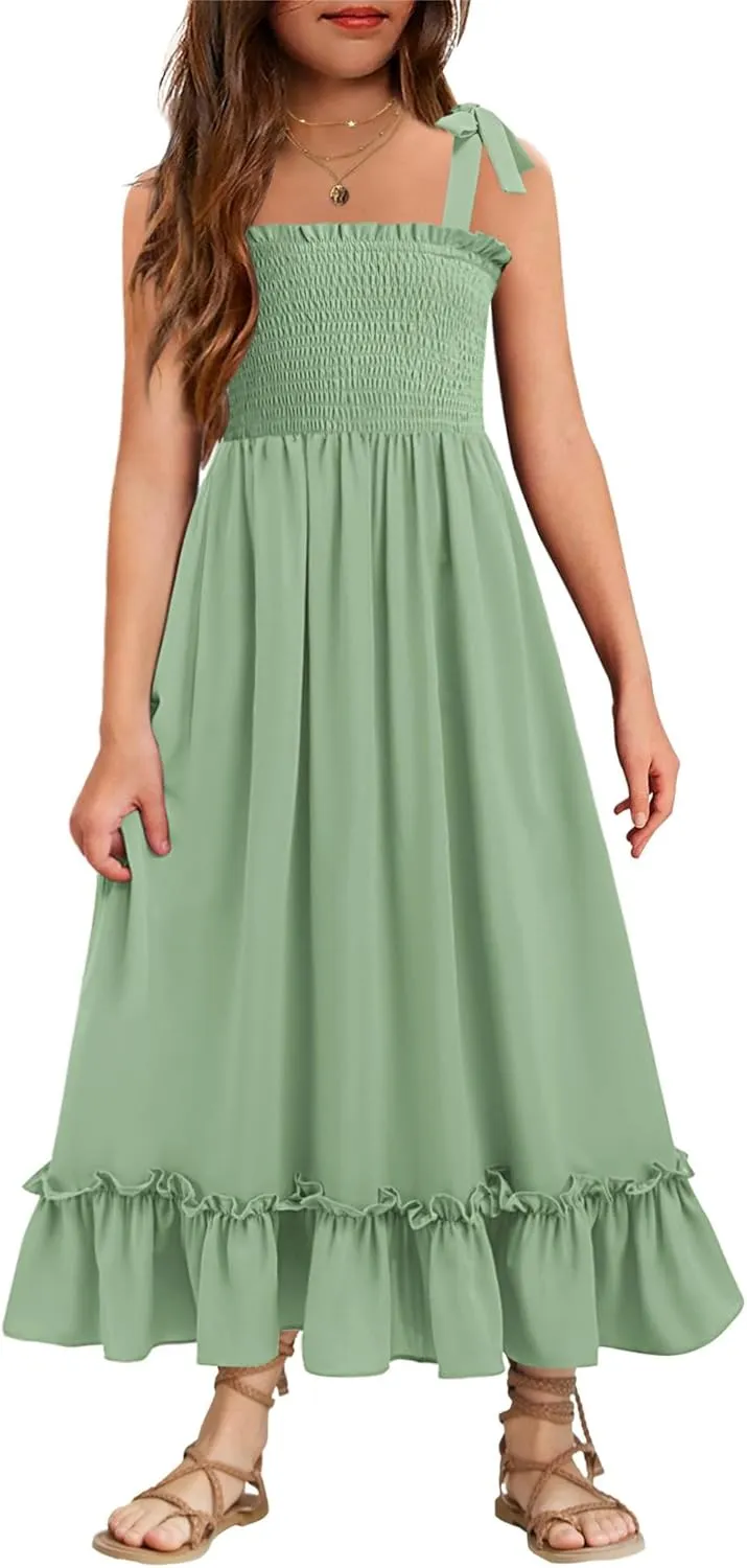 Arshiner Girls Summer Dress Boho Beach Casual Smocked Maxi Dresses 6-13 Years