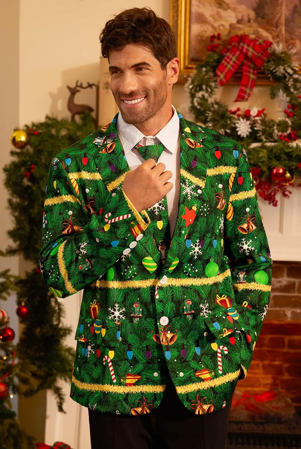 Arvilhill Men's Christmas Blazer with Tie - Ugly X-Mas Festive Jacket - Christmas Theme Party Suit for Men (S-XXL)