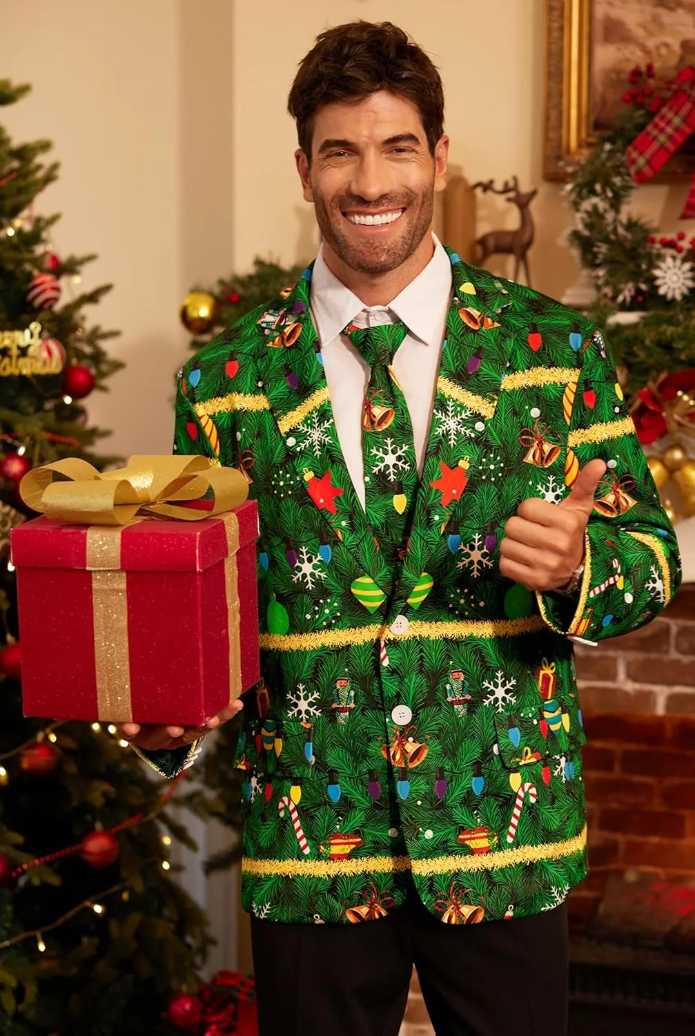 Arvilhill Men's Christmas Blazer with Tie - Ugly X-Mas Festive Jacket - Christmas Theme Party Suit for Men (S-XXL)