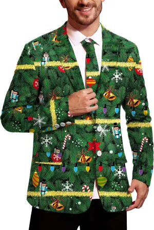 Arvilhill Men's Christmas Blazer with Tie - Ugly X-Mas Festive Jacket - Christmas Theme Party Suit for Men (S-XXL)
