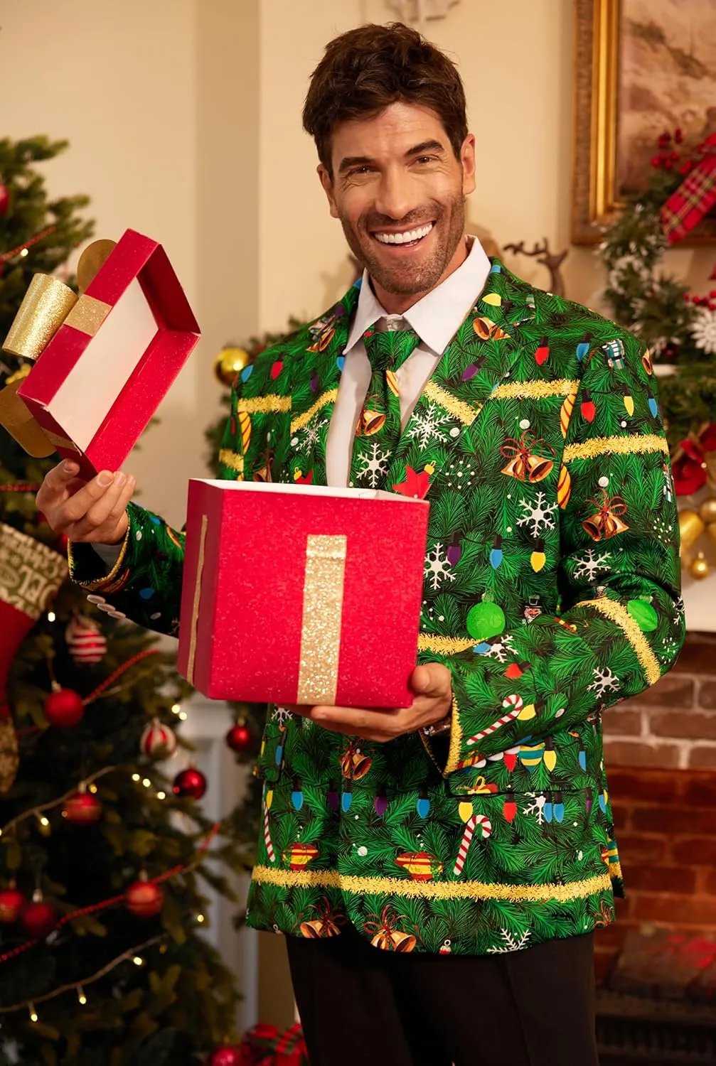 Arvilhill Men's Christmas Blazer with Tie - Ugly X-Mas Festive Jacket - Christmas Theme Party Suit for Men (S-XXL)