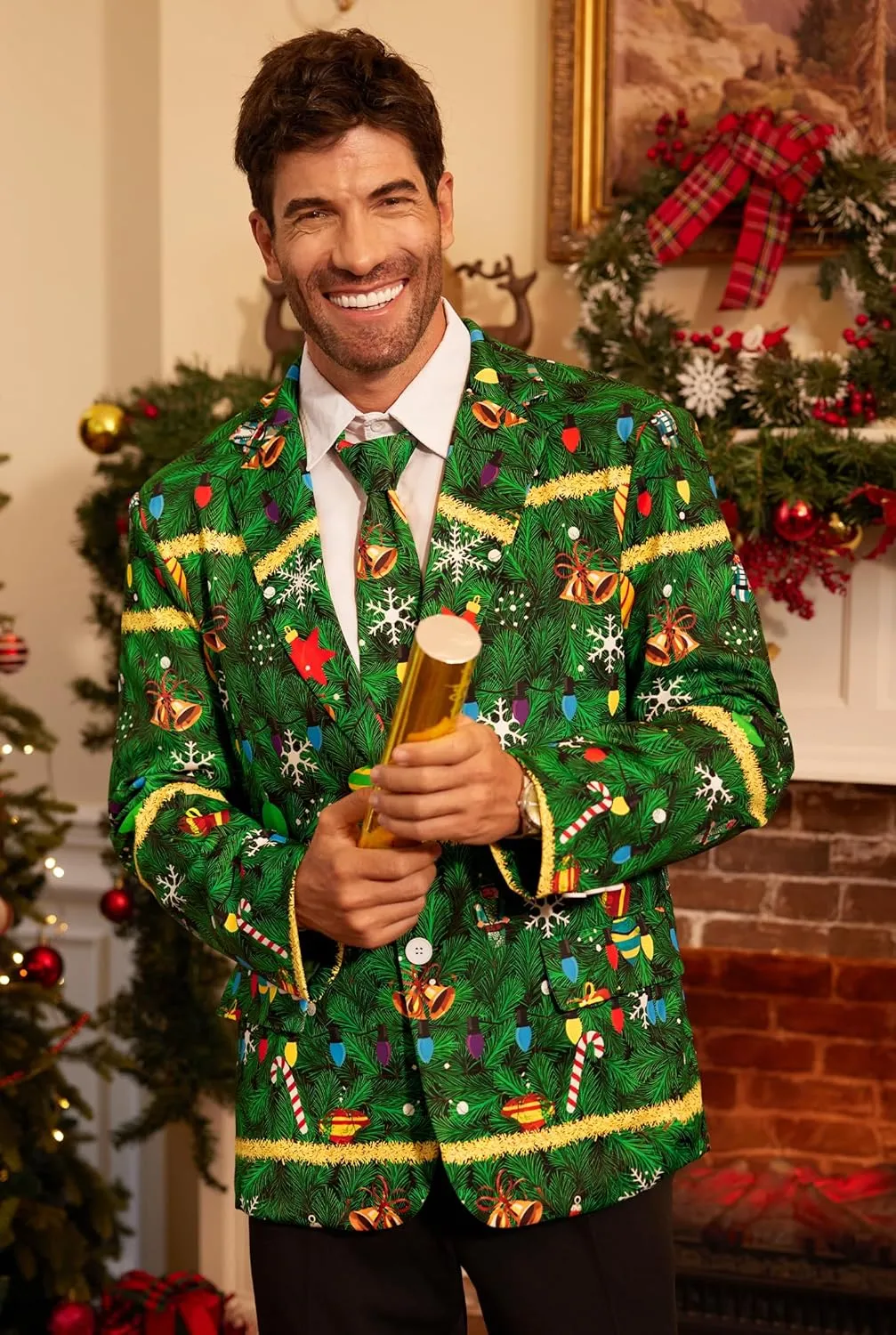 Arvilhill Men's Christmas Blazer with Tie - Ugly X-Mas Festive Jacket - Christmas Theme Party Suit for Men (S-XXL)