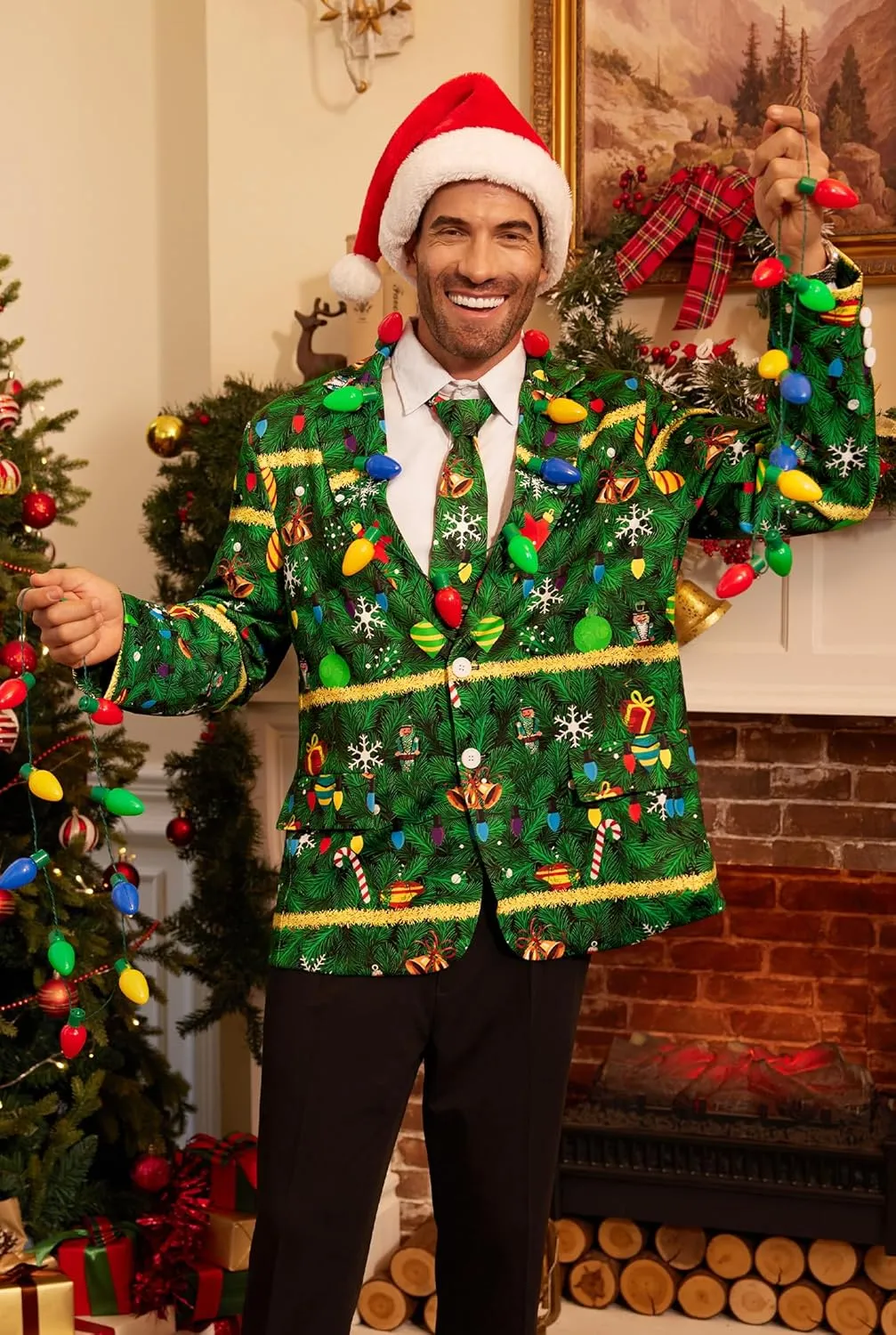 Arvilhill Men's Christmas Blazer with Tie - Ugly X-Mas Festive Jacket - Christmas Theme Party Suit for Men (S-XXL)