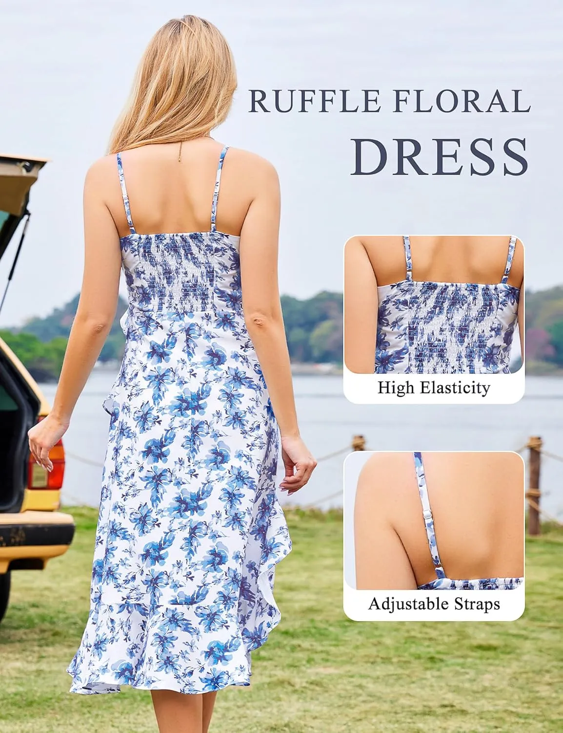 Aupuls Summer Floral Wedding Guest Dresses for Women Midi Adjustable Straps Casual Sundress Ruffle Boho Beach Dress