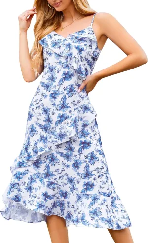 Aupuls Summer Floral Wedding Guest Dresses for Women Midi Adjustable Straps Casual Sundress Ruffle Boho Beach Dress