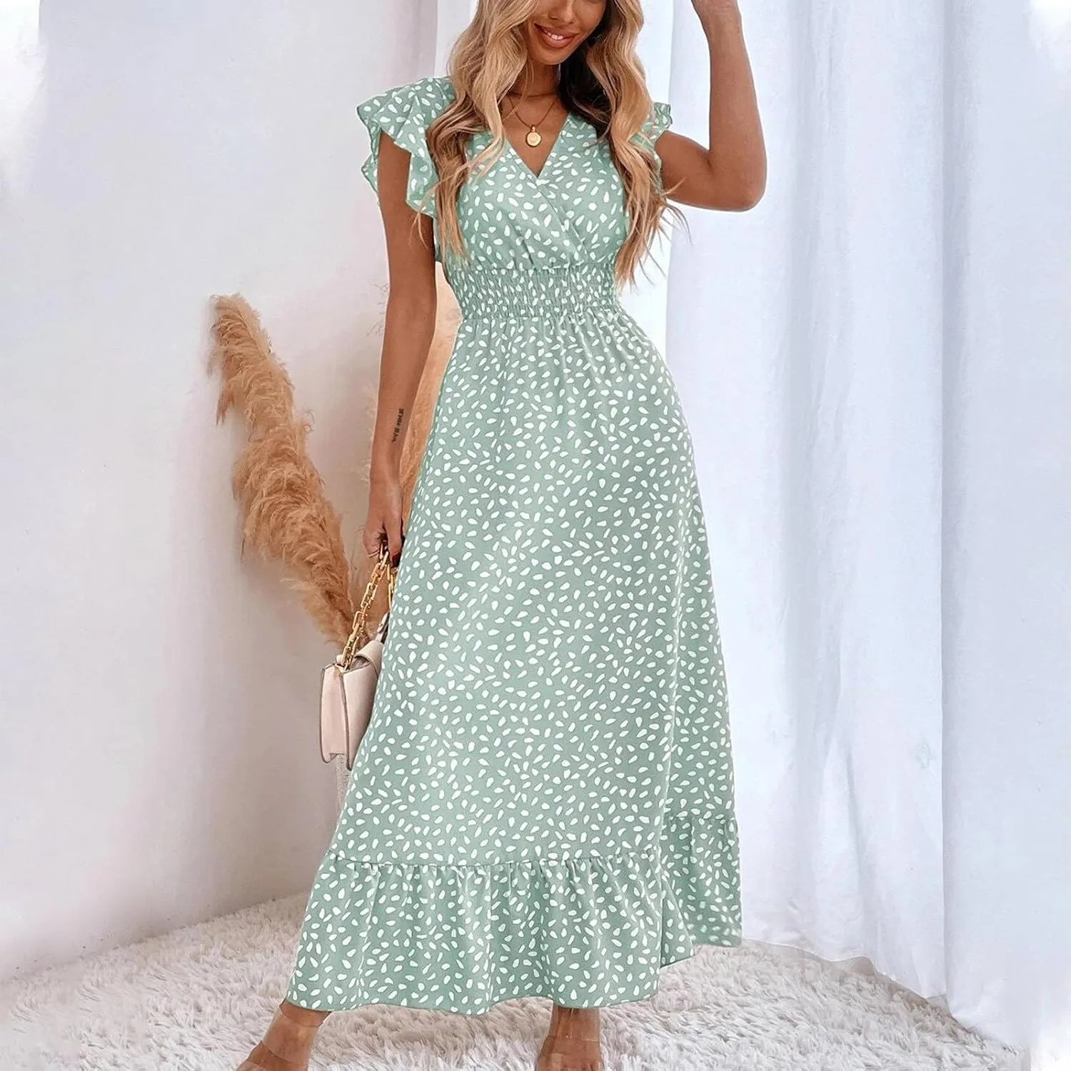 Beach Dresses for Women,2025 Spring Summer Trendy Floral Maxi Dress,Elegant V Neck Ruffle Flowy Ruched Boho Dress