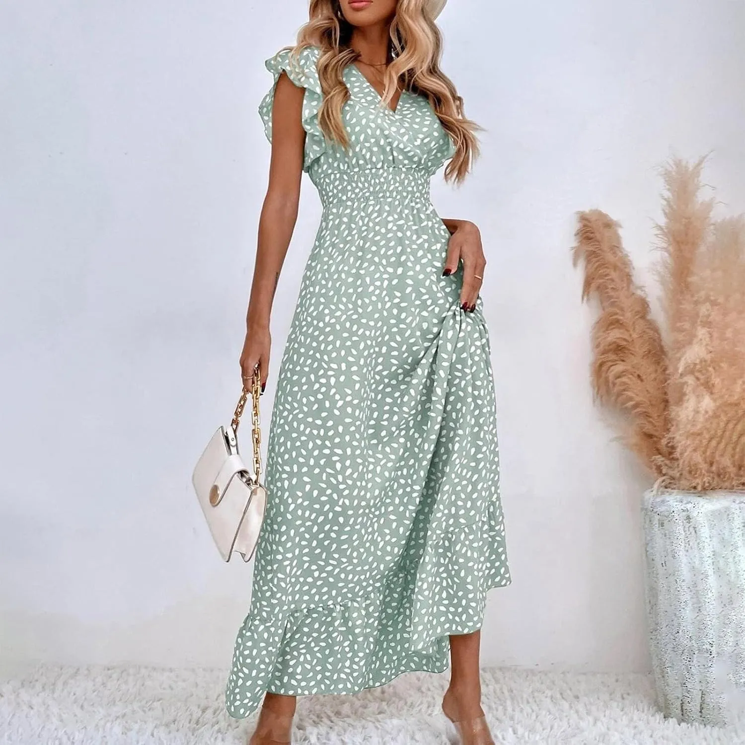 Beach Dresses for Women,2025 Spring Summer Trendy Floral Maxi Dress,Elegant V Neck Ruffle Flowy Ruched Boho Dress
