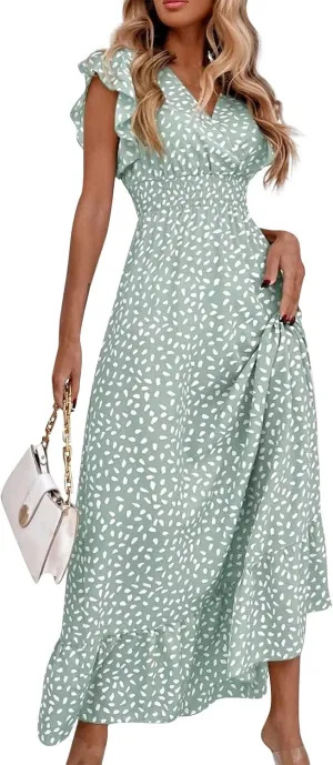 Beach Dresses for Women,2025 Spring Summer Trendy Floral Maxi Dress,Elegant V Neck Ruffle Flowy Ruched Boho Dress
