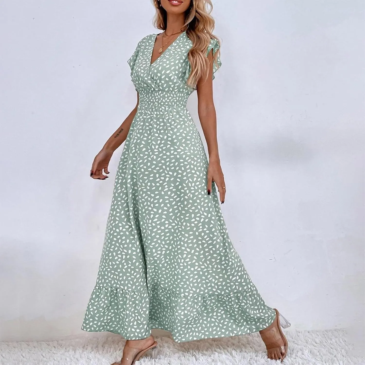 Beach Dresses for Women,2025 Spring Summer Trendy Floral Maxi Dress,Elegant V Neck Ruffle Flowy Ruched Boho Dress