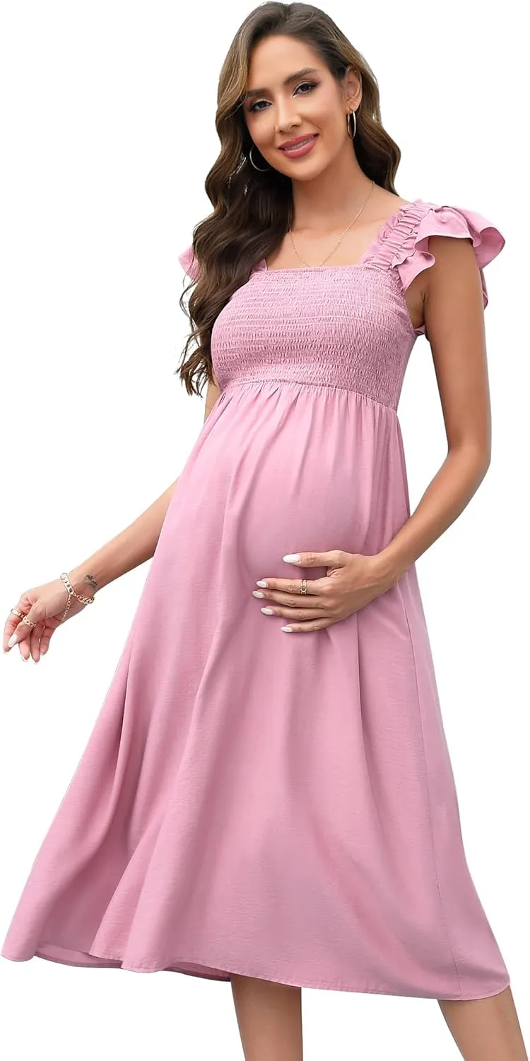 BeautyNee Womens Maternity Dress for Photoshoot Baby Shower Flutter Strap Sleeve Square Neck Smocked Maxi Boho Dress