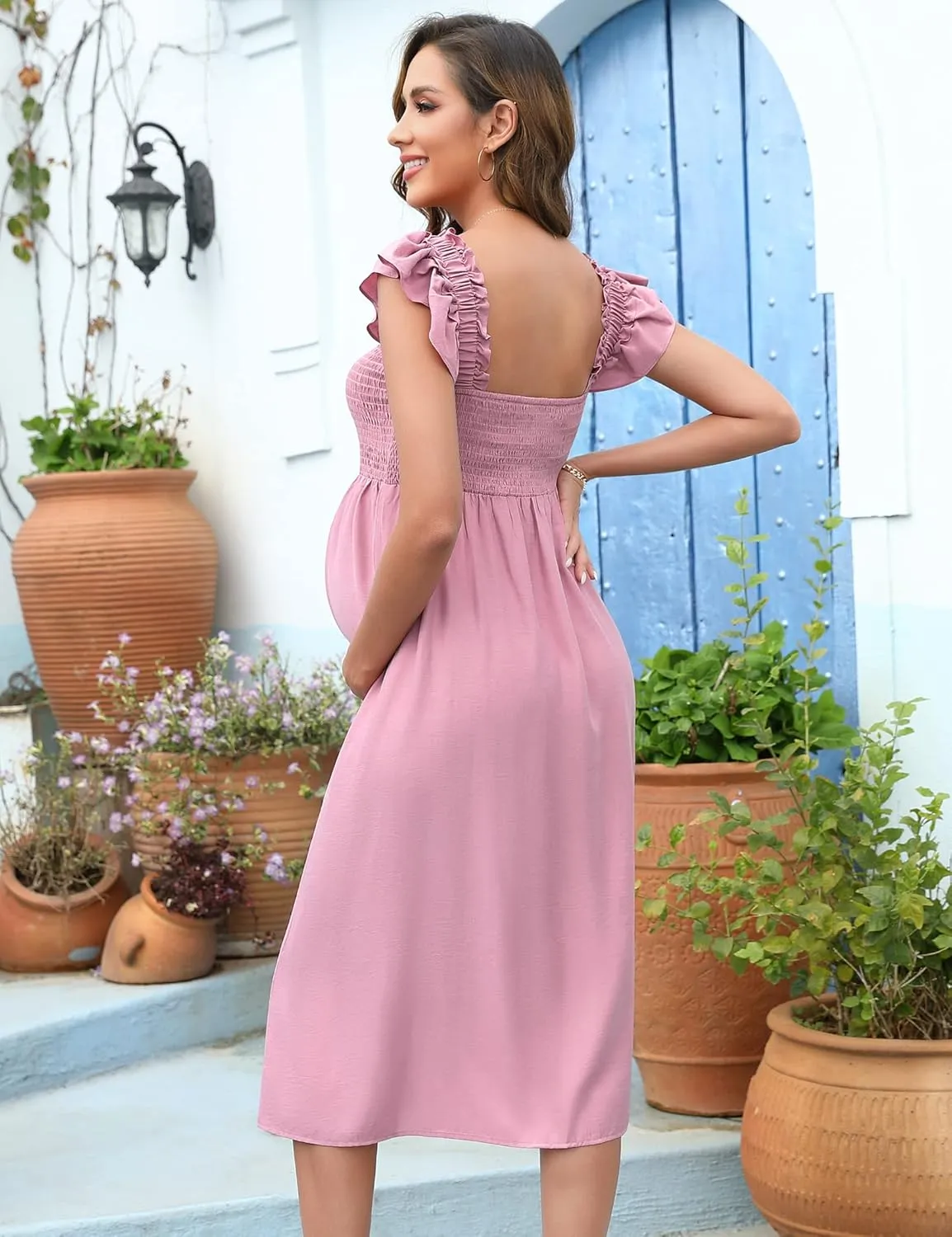 BeautyNee Womens Maternity Dress for Photoshoot Baby Shower Flutter Strap Sleeve Square Neck Smocked Maxi Boho Dress