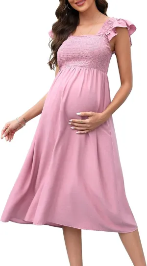 BeautyNee Womens Maternity Dress for Photoshoot Baby Shower Flutter Strap Sleeve Square Neck Smocked Maxi Boho Dress