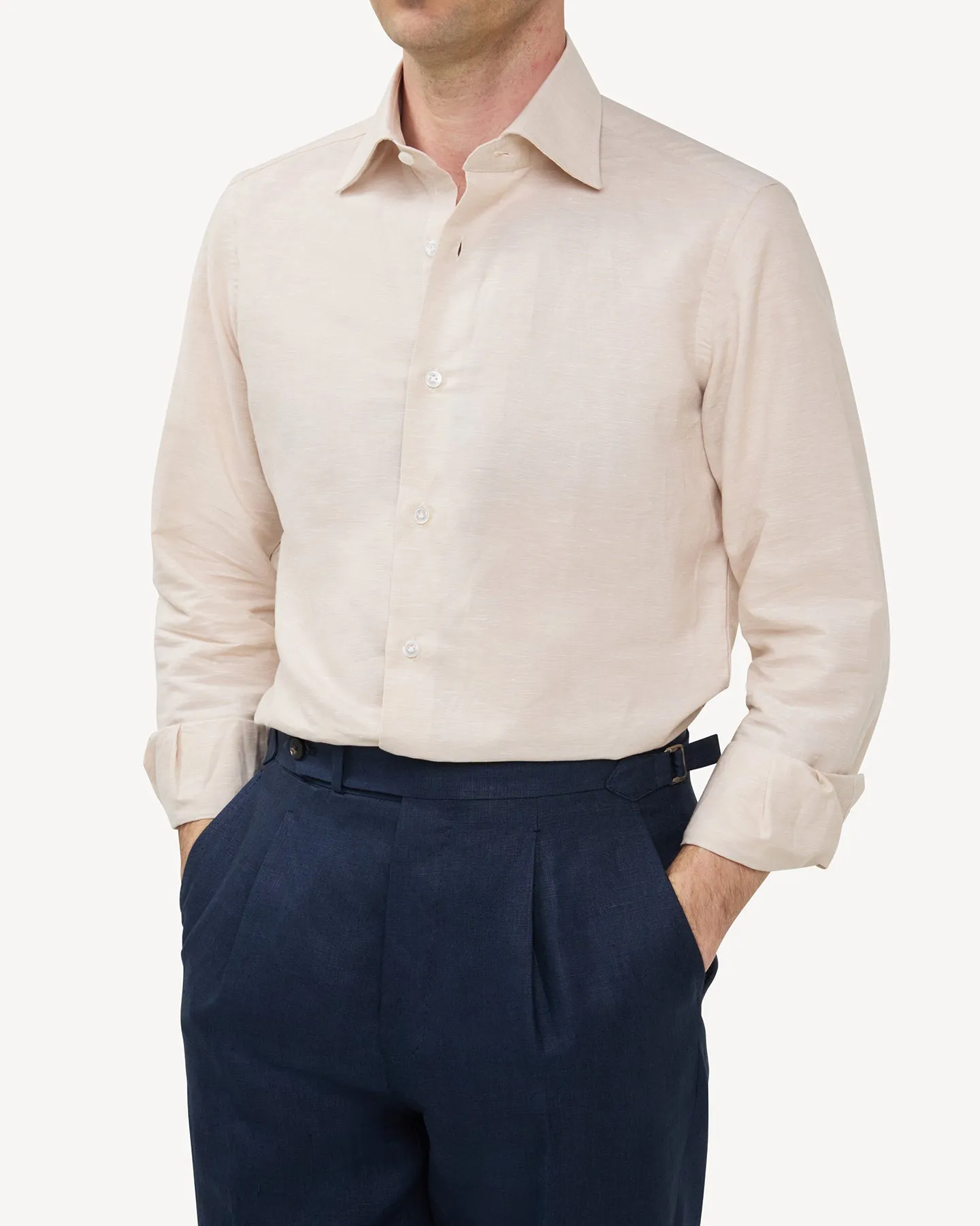 Beige Cotton Linen Spread Collar Shirt