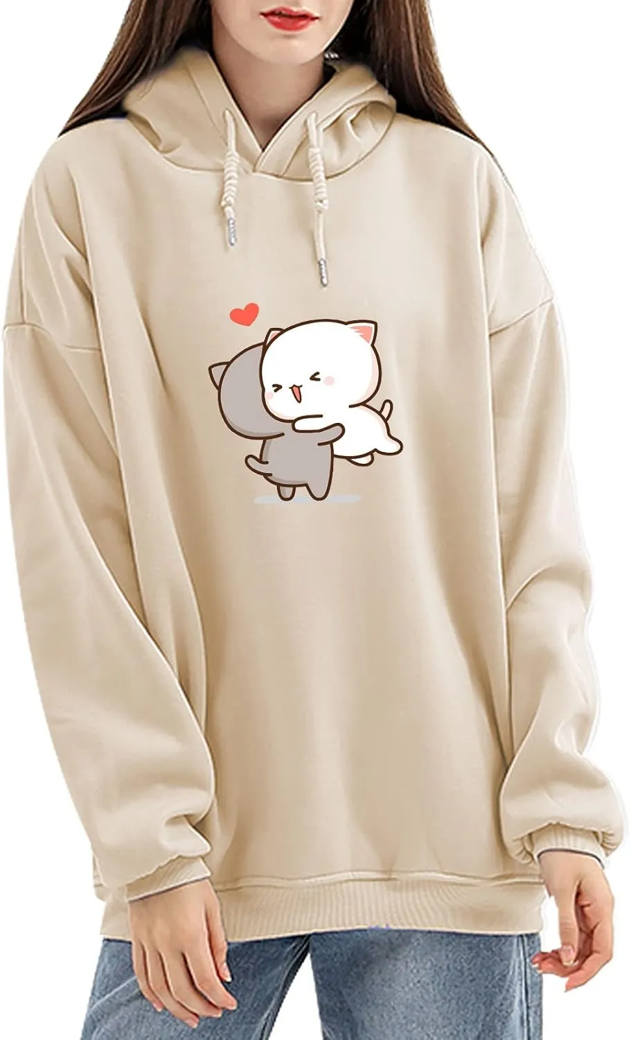 Bobeutou Cute Cartoon Cat Hoodie for Teen Girls Kawaii Graphic Oversized Aesthetic Fleece Preppy Sweatshirts Women Pullover