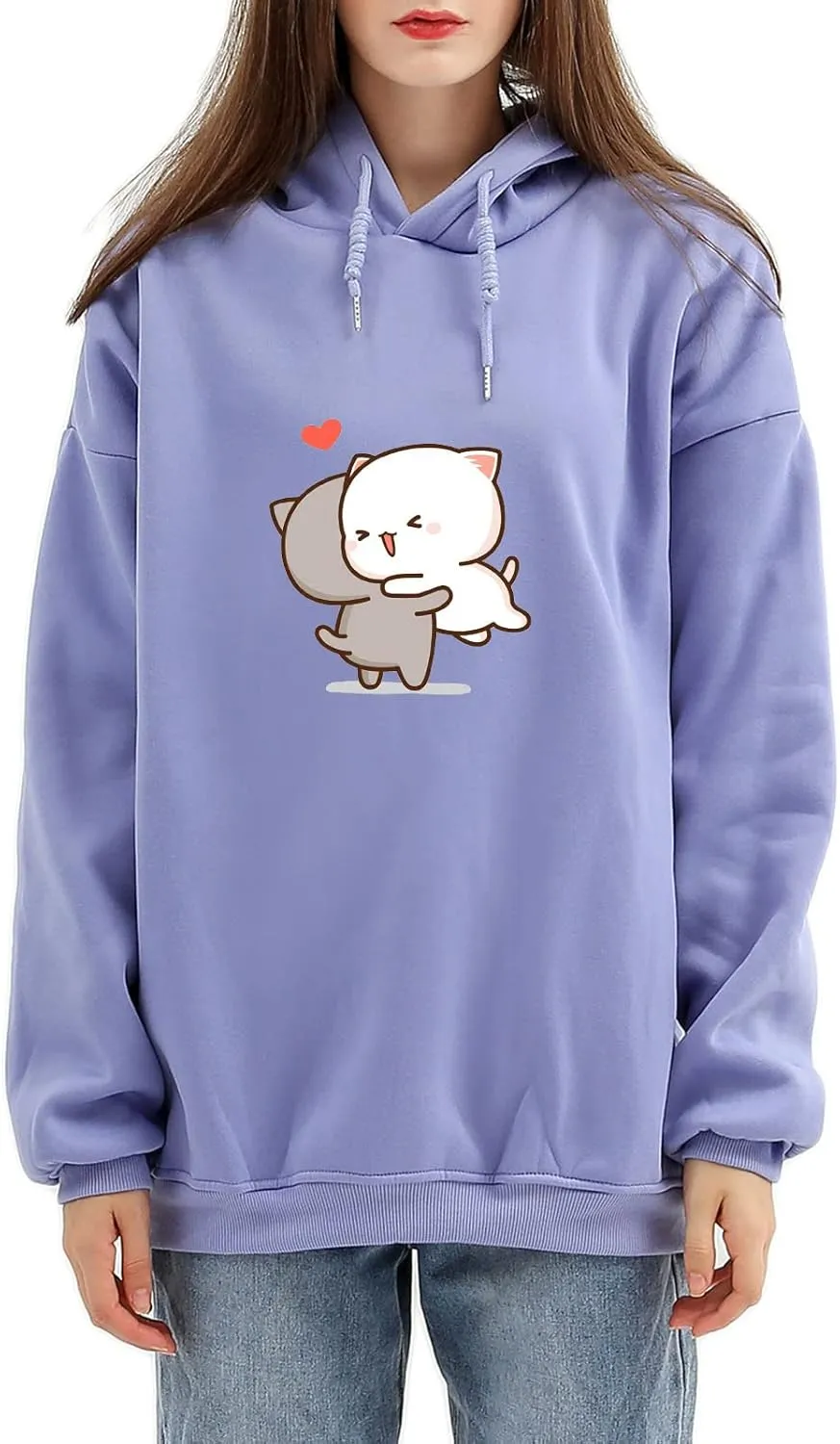 Bobeutou Cute Cartoon Cat Hoodie for Teen Girls Kawaii Graphic Oversized Aesthetic Fleece Preppy Sweatshirts Women Pullover