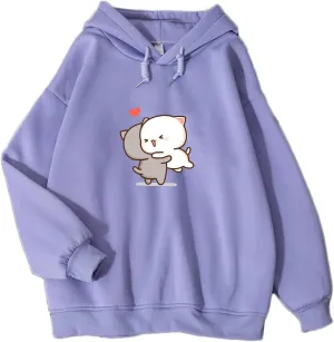Bobeutou Cute Cartoon Cat Hoodie for Teen Girls Kawaii Graphic Oversized Aesthetic Fleece Preppy Sweatshirts Women Pullover